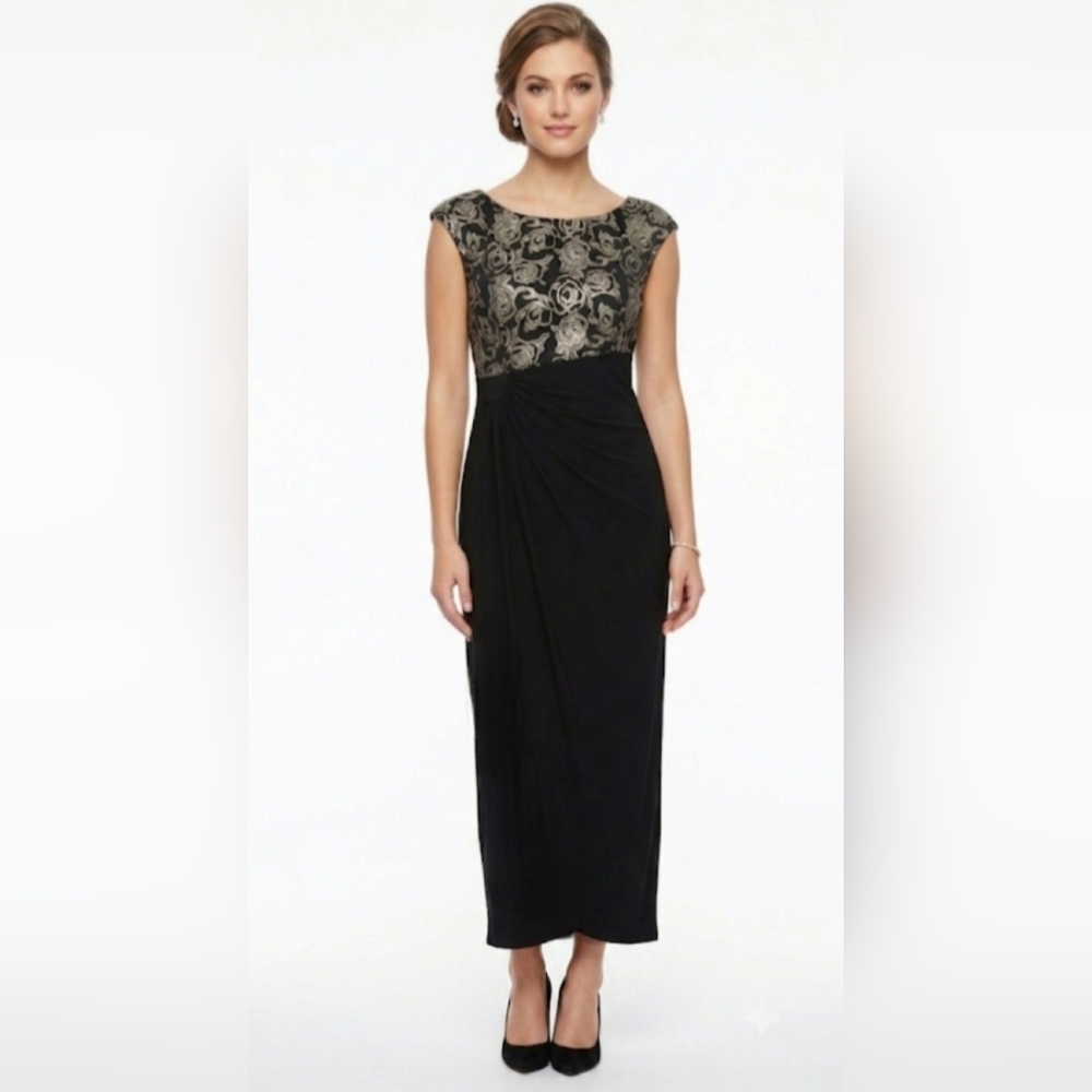 Connected Apparel Strapless Dress with Black and Silver Floral Pattern size:16